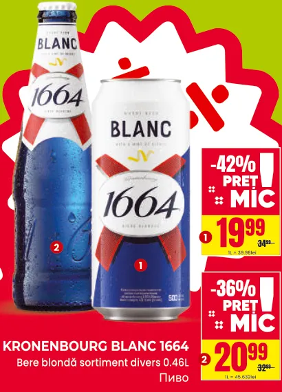 Kronenbourg Blanc 1664, bere blondă, sortiment divers, sticlă, 0,46 L