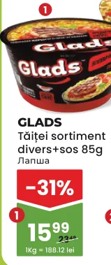 GLADS Tăiței cu sos în sortiment, 85 g