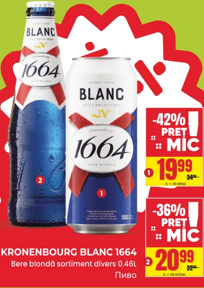 KRONENBOURG BLANC 1664, bere blondă, sortiment divers, sticlă, 0,46 L