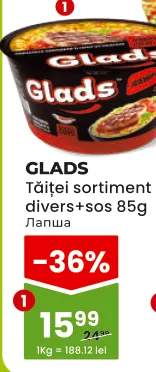 Tăiței GLADS în sortiment cu sos, 85 g