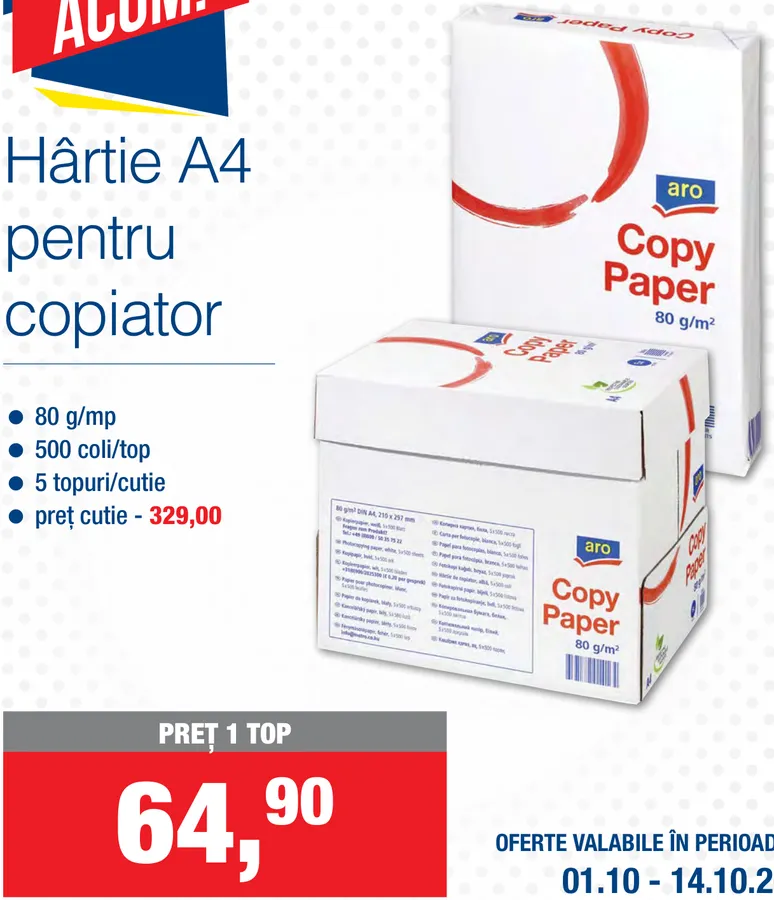 aro Hârtie A4 pentru copiator, 500 coli/top; 5 topuri/cutie; 80 g/m²