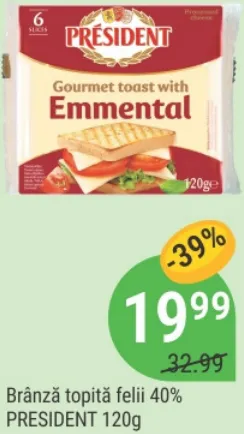 PRESIDENT Плавлений сир скибочками 40%, 120 г