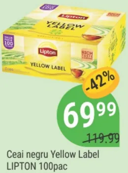 Ceai negru LIPTON Yellow Label, 100 pachețele