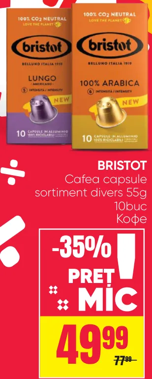 Cafea capsule Bristot, sortiment divers, 55 g, 10 buc.