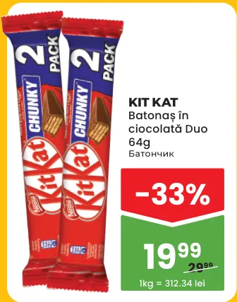 Batonăș în ciocolată Kit Kat Duo, 64 g