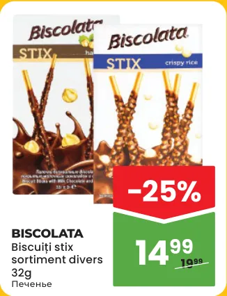 Biscolata, biscuiți Stix, sortiment divers, 32 g