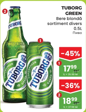TUBORG GREEN Bere blondă, sticlă, 0.5 L