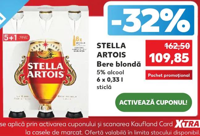 STELLA ARTOIS Bere blondă, 6 × 0,33 l