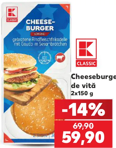 K Classic Cheeseburger de vită, 2 × 150 g