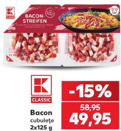 K-Classic Bacon cubulețe, 2 x 125 g