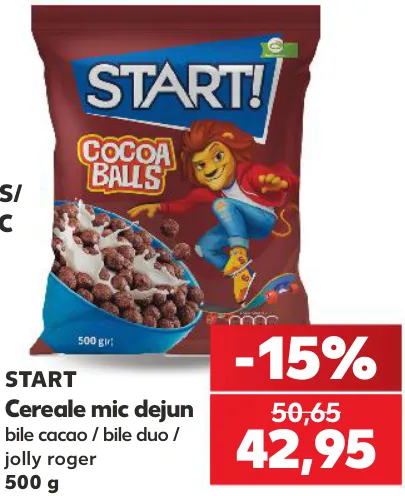 Cereale pentru micul dejun START: bile cu cacao / bile duo / Jolly Roger, 500 g