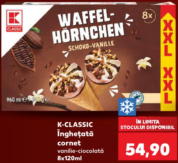 K-Classic Înghețată la cornet, vanilie-ciocolată, 8x120 ml
