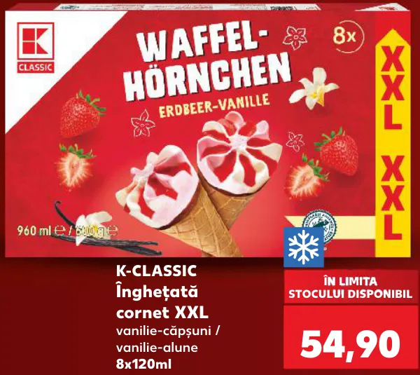 K-Classic Înghețată la cornet XXL, vanilie-căpșuni / vanilie-alune, 8x120 ml