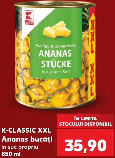 K-Classic Ананас кусочками XXL в собственном соку, 850 мл