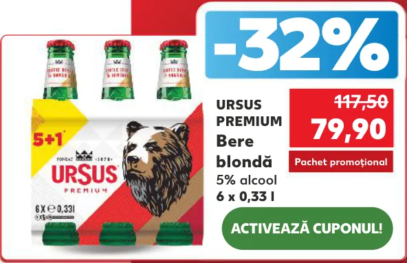 Bere blondă Ursus Premium, 6 x 0,33 l