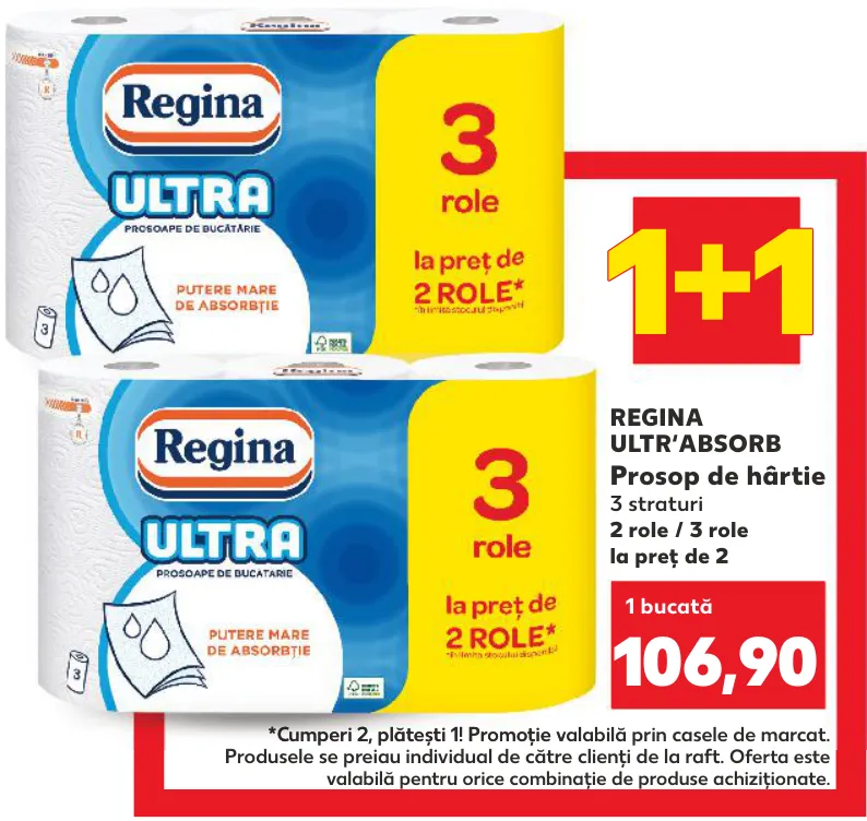 REGINA ULTR’ABSORB Prosop de hârtie, 3 straturi, 2 role / 3 role la preț de 2