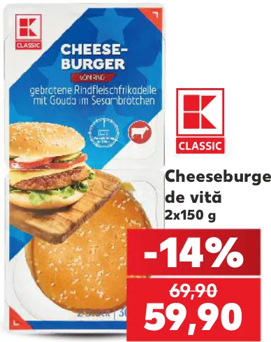 K Classic Cheeseburger de vită, 2 × 150 g