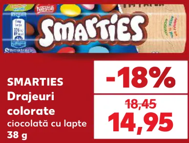 SMARTIES Drajeuri colorate, ciocolată cu lapte, 38 g