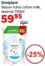 Elmiplant Săpun lichid Cotton Milk, rezervă, 750 ml