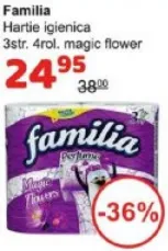 Hârtie igienică Familia Magic Flower, 3 straturi, 4 role