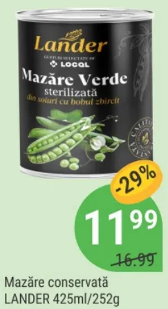Mazăre conservată LANDER, 425 ml/252 g