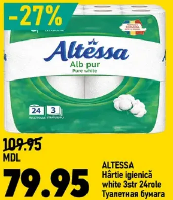 Altessa — hârtie igienică albă, 3 straturi, 24 role