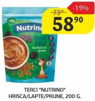 Terci „Nutrino” cu hrișcă, lapte și prune uscate, 200 g