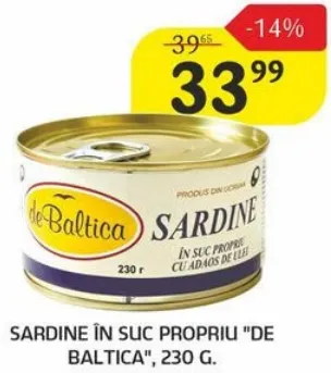 Sardine în suc propriu „De Baltica”, 230 g