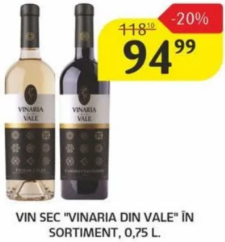 Vin sec „Vinaria din Vale” în sortiment, 0,75 L