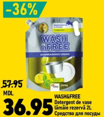 WASH&FREE Detergent de vase cu lămâie, rezervă, 2 L