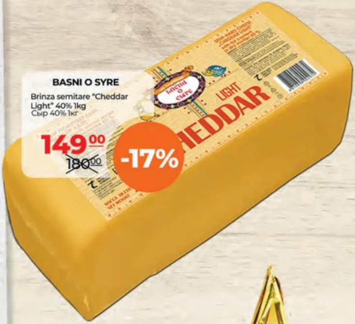 BASNI O SYRE Brânză semitare „Cheddar Light” 40%, 1 kg
