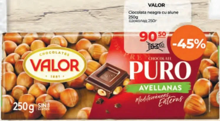 Ciocolată neagră Valor cu alune, 250 g