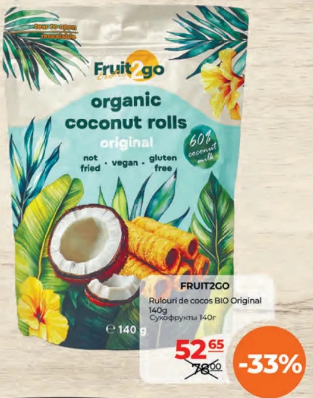 FRUIT2GO Органічні кокосові рулетики Original 140 г