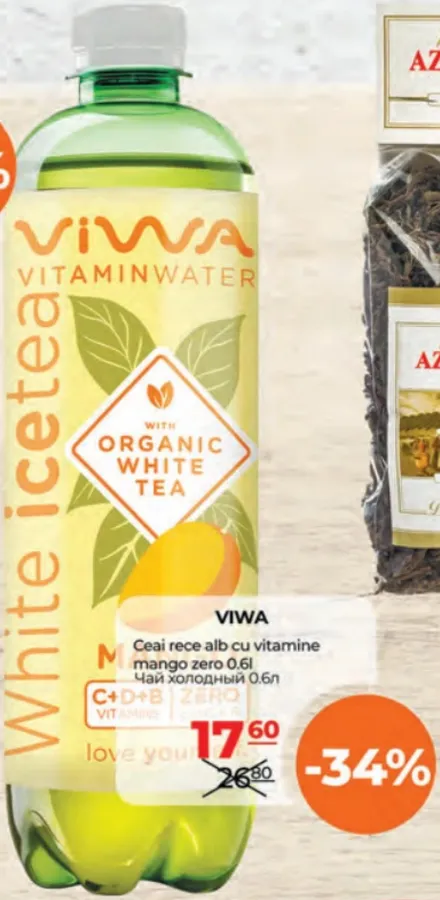 Ceai alb rece cu vitamine, mango, fără zahăr VIWA, 0.6 l