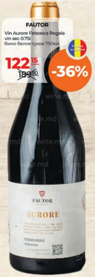 Vin FAUTOR Aurore Fetească Regală sec, 0.75 l